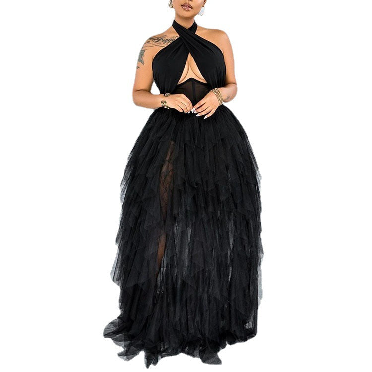 Plus Size Wedding Women Dress Evening Dress Pink Halter Dress Large Swing Tulle Dress