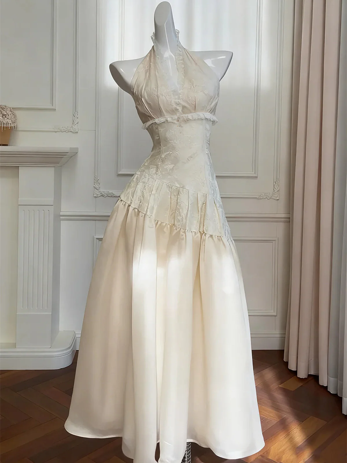 Ivory V-neckline Halter Long Prom Dress, Retro Lace Party Dress Formal Dress
