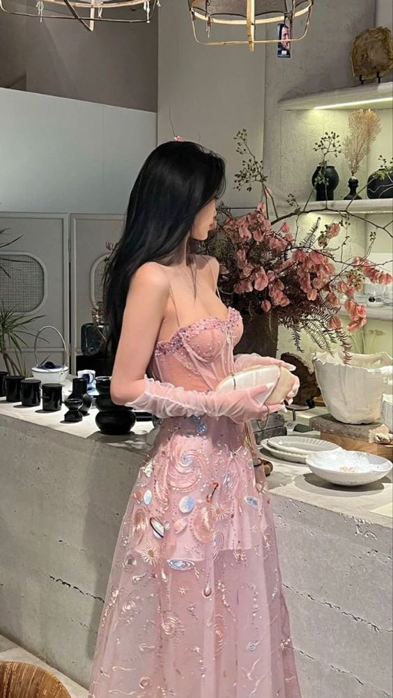 Unique A Line Long Party Evening Dress Pink Lace Prom Dress - VelvetHem