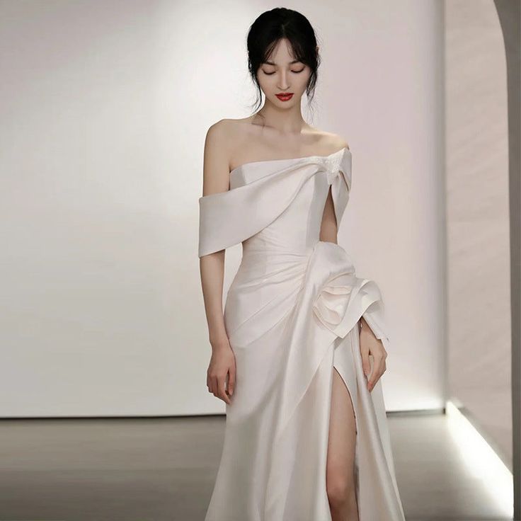 Vintage Off Shoulder Satin Wedding Dress White Mermaid Long Prom Dress with Slit - View 3 | VelvetHem