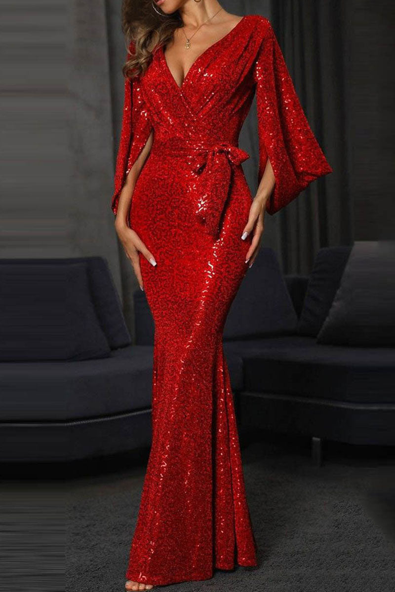 Elegant Solid Bandage Sequins Patchwork V Neck Evening Dress Dresses - VelvetHem