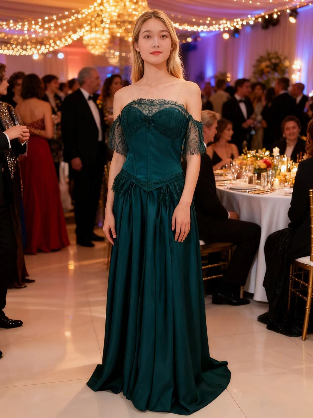 Lace Italian Satin Prom Dress Long Offer Shoulder Evening Party Dresses - VelvetHem
