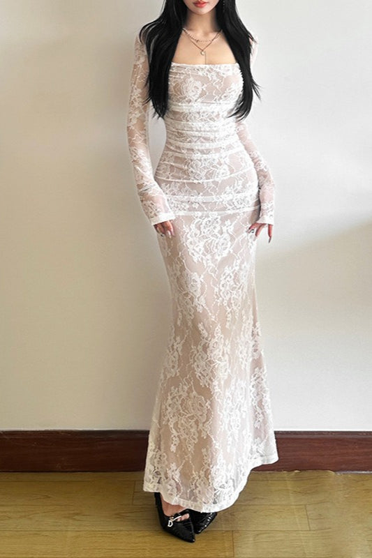 Fish Tail Square Neck Lace Dress - VelvetHem