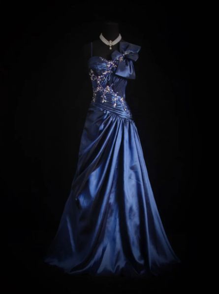 Chic A Line Spaghetti Straps Navy Satin Beaded Long Prom Dress, Evening Dress - View 2 | VelvetHem