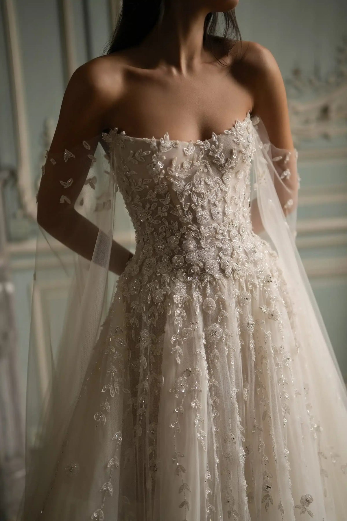 White Sparkly Beaded Corset Tulle Wedding Gown with Long Train ZP206
