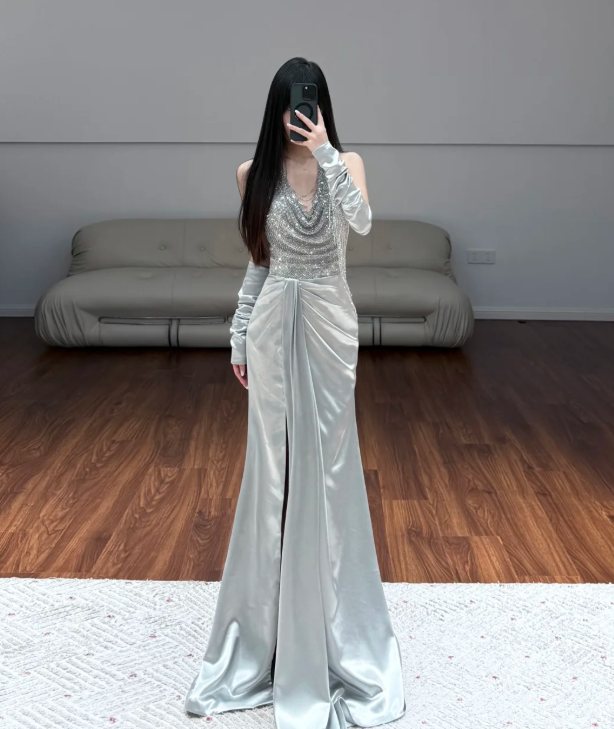 V Neck Satin Prom Party Dress Mermaid Sparkling Evening Dress Graduation Dress - VelvetHem