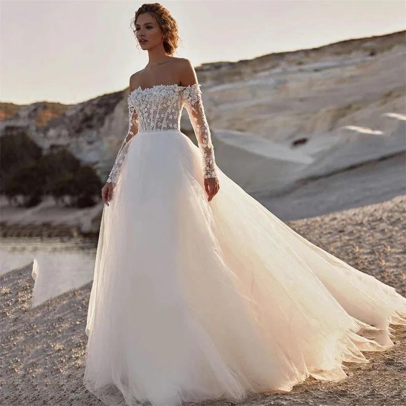 Elegant A-Line Wedding Dress 2023 Women Lace Open Back Strapless Long Detachable Sleeve Bridal Gown Sweep Train Vestido De Noiva (ZD13357) - VelvetHem