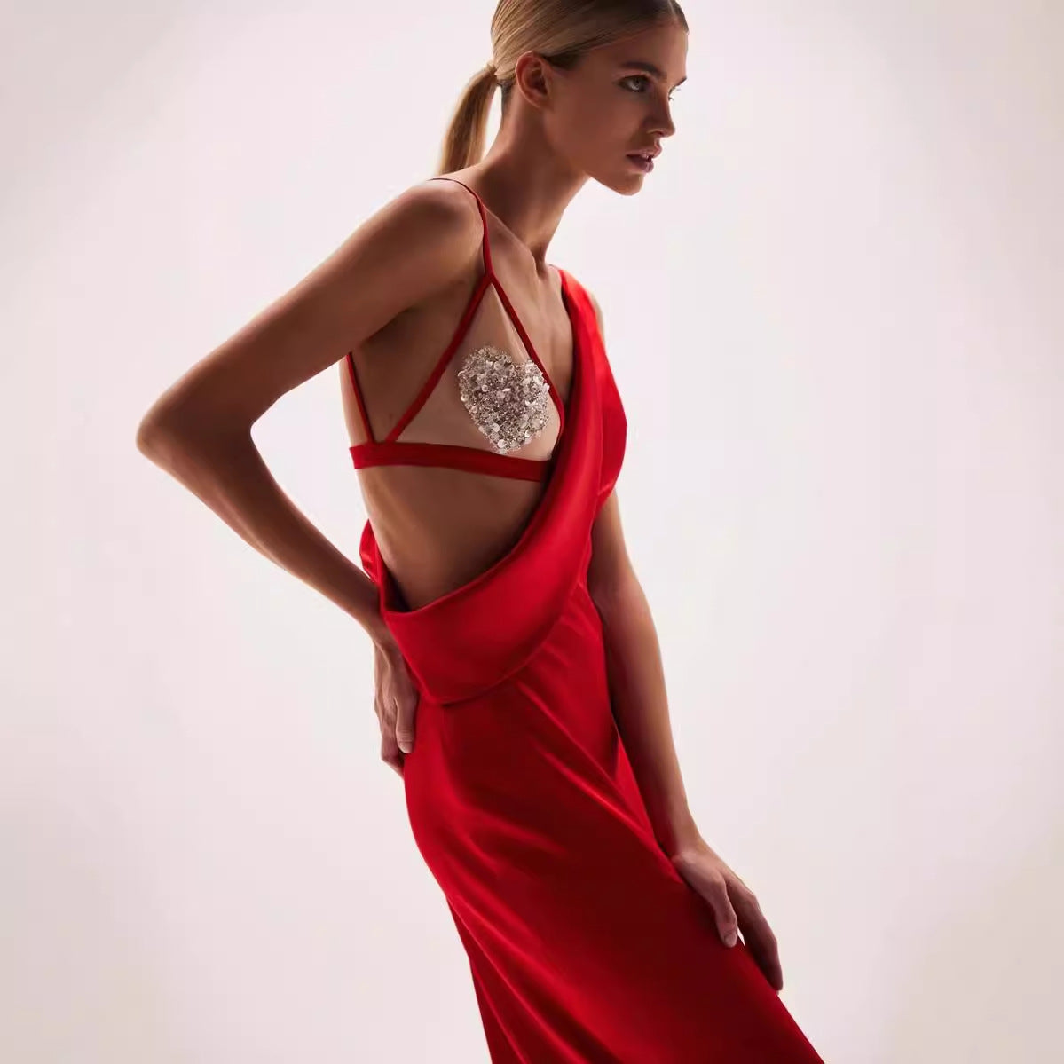 Spaghetti Strap Slit Satin Prom Dress
