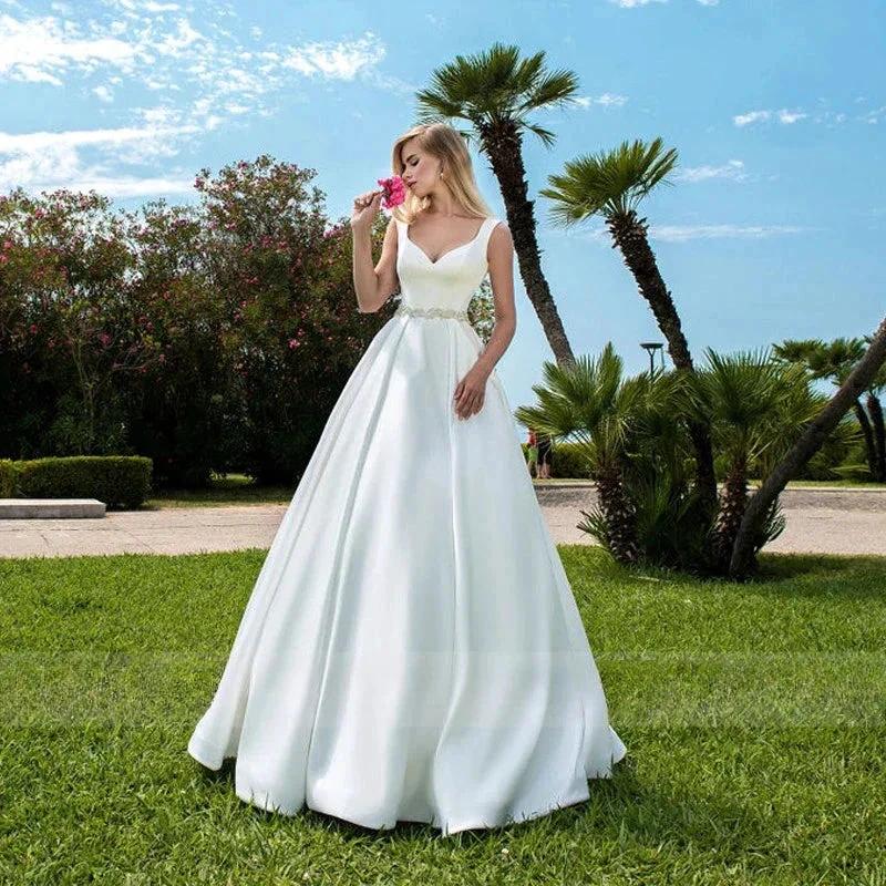 Elegant Women's Wedding Dresses V-Neck Lace Appliques Beads Belt Satin Buttons Back A-Line 2023 Vestido De Noiva Bridal Gowns (ZD13539)