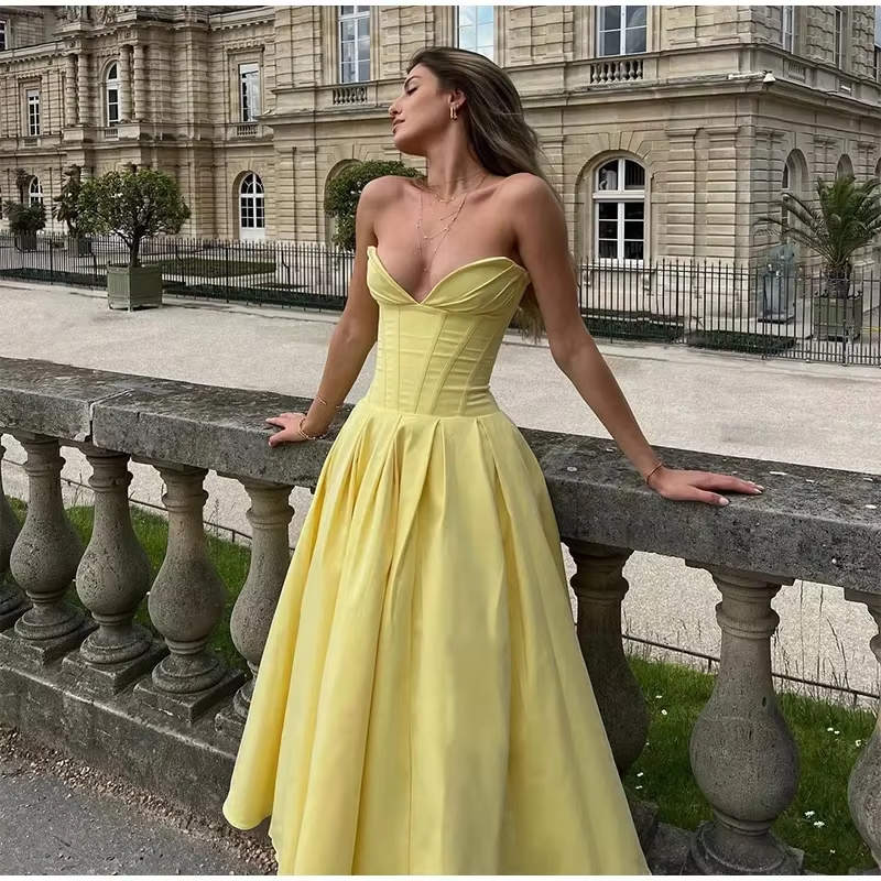 Simple Women strapless pleated maxi dress fashion sexy sleeveless A-line party dress Evening Dress fg6847 - VelvetHem