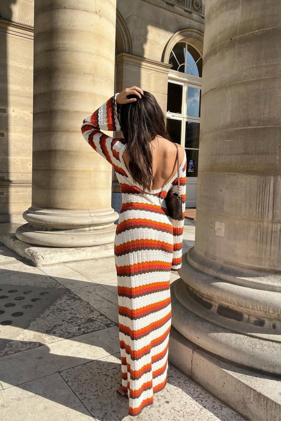 Odalis Boutique Woven Backless Maxi Knit Dress with Zigzag Pattern Chic Silhouette Collection