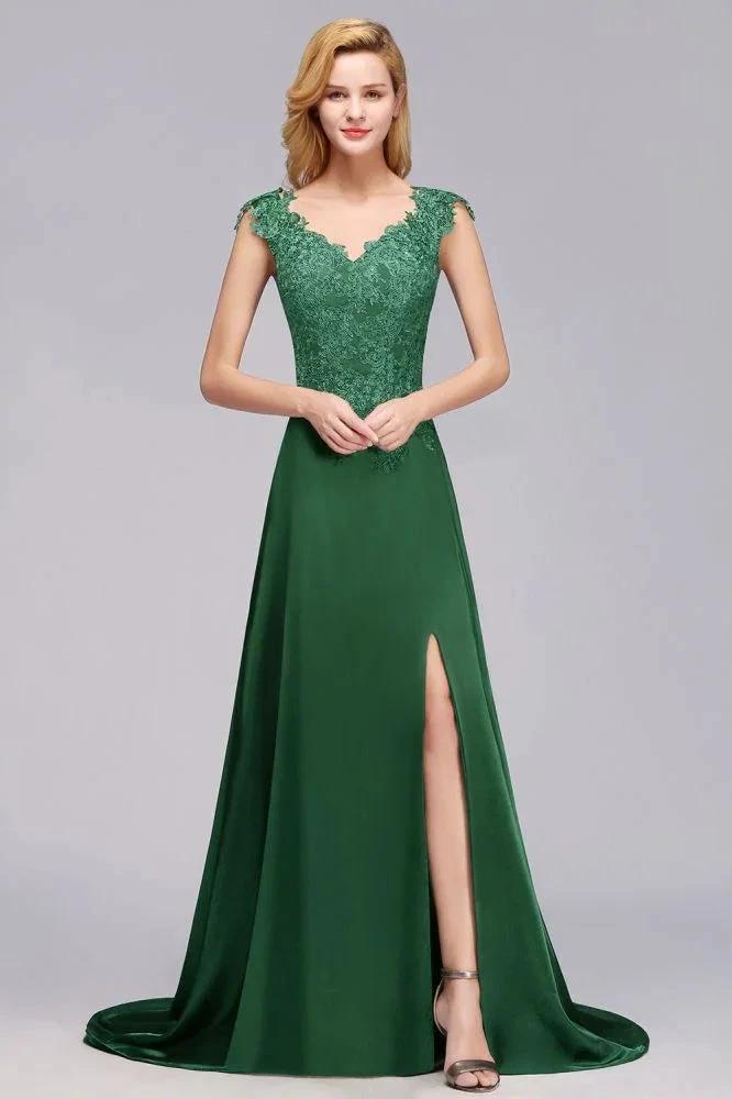 Cap Sleeve aline appliques Bridesmaid Dress Green Side Split Wedding Party Dress with Sweep Train (ZD13122)