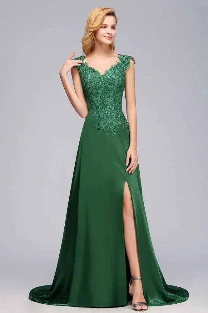 Cap Sleeve aline appliques Bridesmaid Dress Green Side Split Wedding Party Dress with Sweep Train (ZD13122)