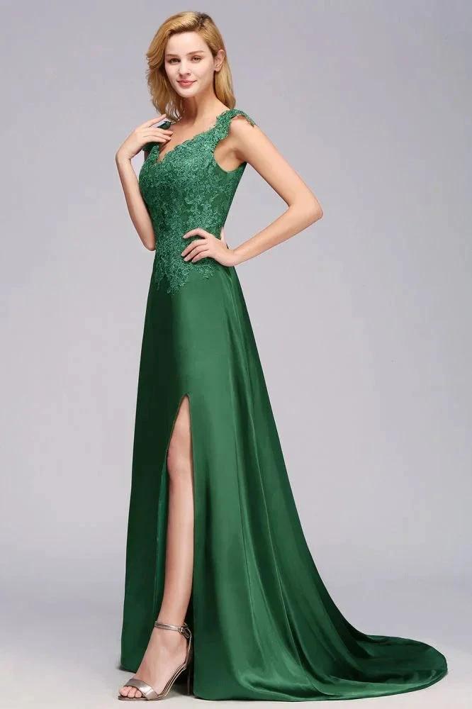 Cap Sleeve aline appliques Bridesmaid Dress Green Side Split Wedding Party Dress with Sweep Train (ZD13122)
