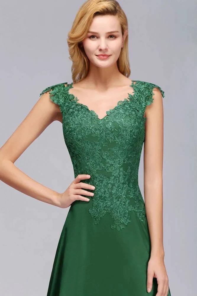 Cap Sleeve aline appliques Bridesmaid Dress Green Side Split Wedding Party Dress with Sweep Train (ZD13122)