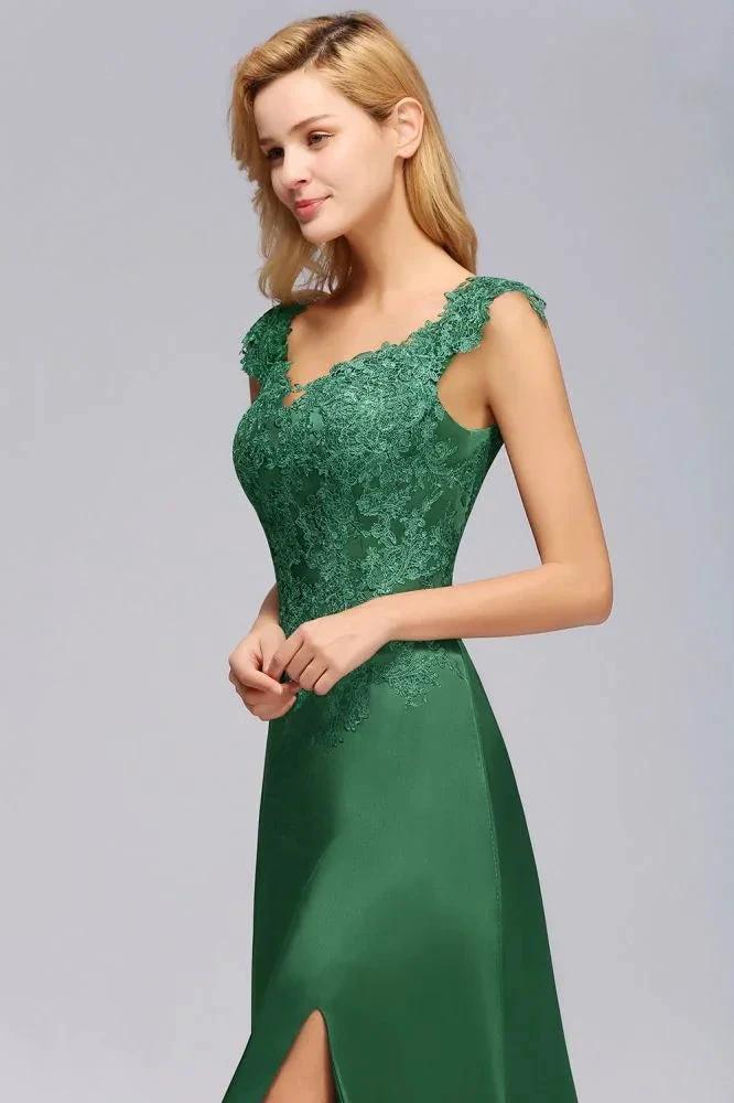 Cap Sleeve aline appliques Bridesmaid Dress Green Side Split Wedding Party Dress with Sweep Train (ZD13122)