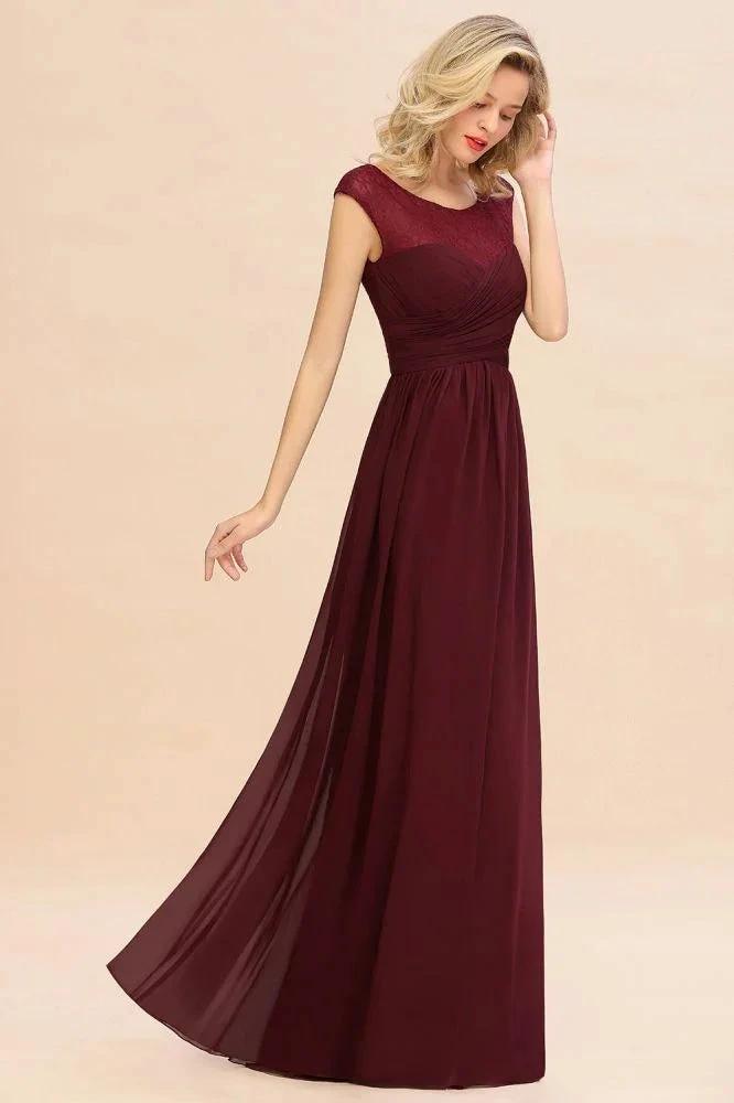 Cap Sleeve Burgundy Evening Maxi Gown Chiffon Floor Length Bridesmaid Dress (ZD12985)