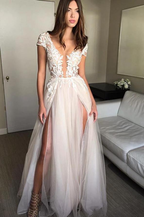 Cap Sleeve Deep V-neck Prom Dress With Appliques Sexy Split Wedding Dresses (ZD16326)