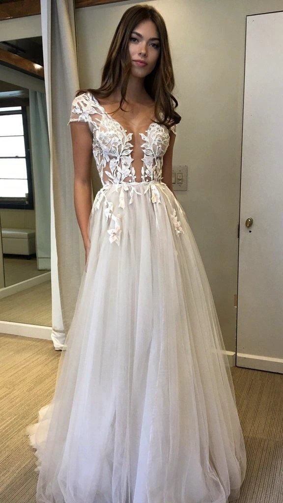 Cap Sleeve Deep V-neck Prom Dress With Appliques Sexy Split Wedding Dresses (ZD16326)