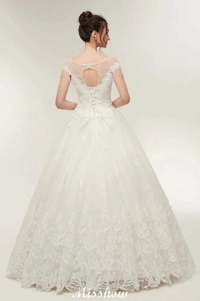 Cap Sleeves A-line Scoop Floor Length Lace Appliques Wedding Dresses (ZD13956)