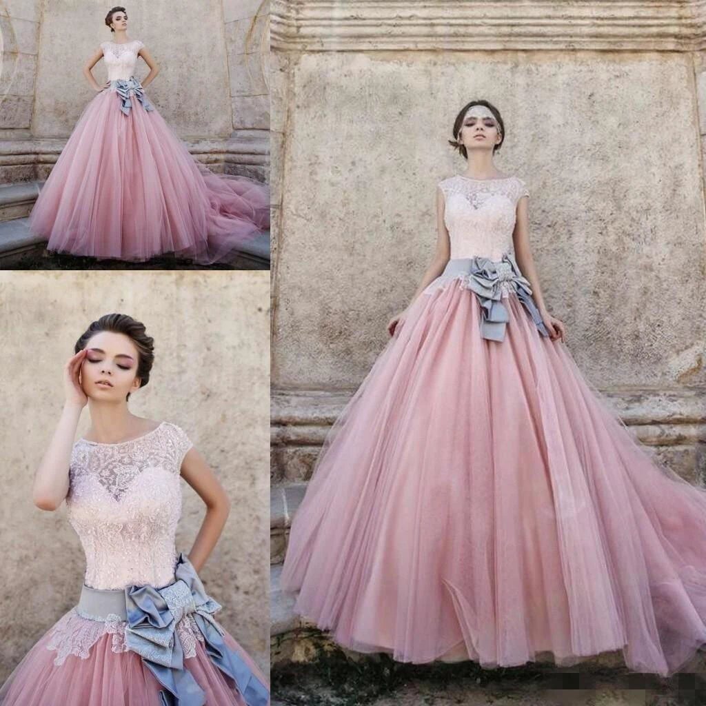 Cap Sleeves Ball-Gown Lace Bowknot Pink Tulle Wedding Dresses (ZD15480)