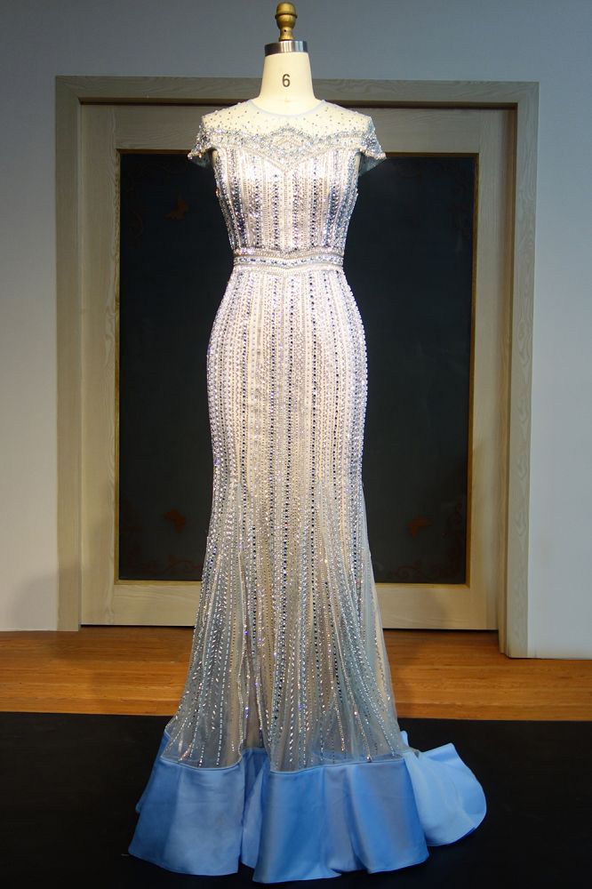 Cap Sleeves Floor Length Mermaid Beading Prom Dresses with Crystals - VelvetHem