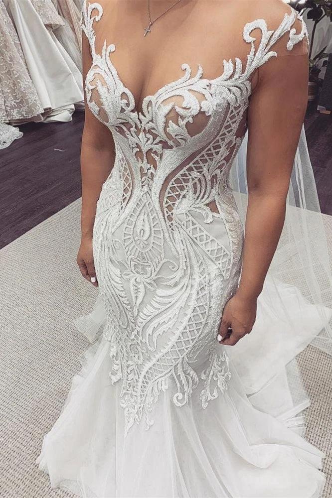 Cap Sleeves Lace Mermaid Wedding Dress (ZD13815) - VelvetHem