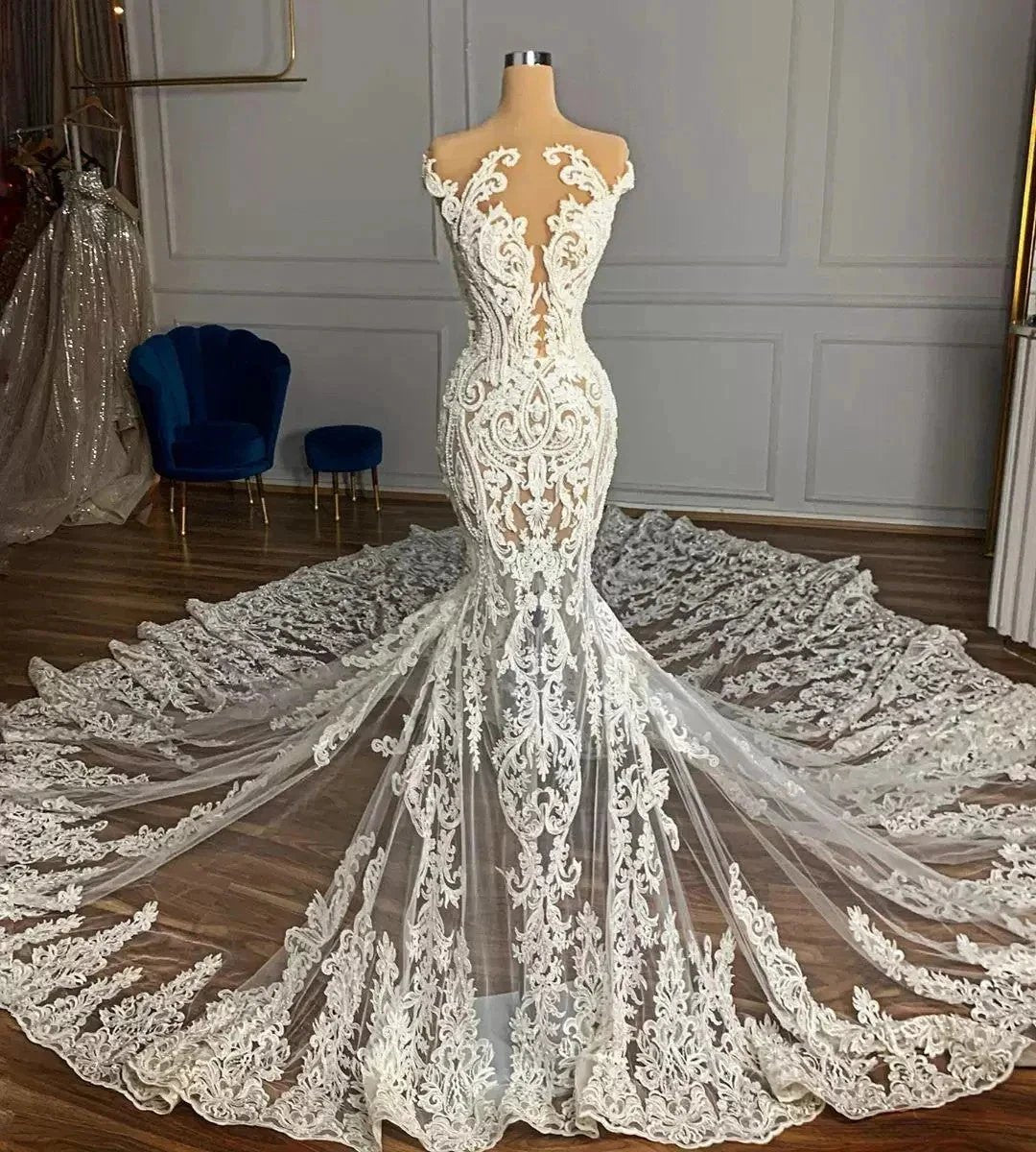 Luxury Mermaid Jewel Neck Tulle Long Beading Wedding Dress with Appliques Lace (ZD14479)