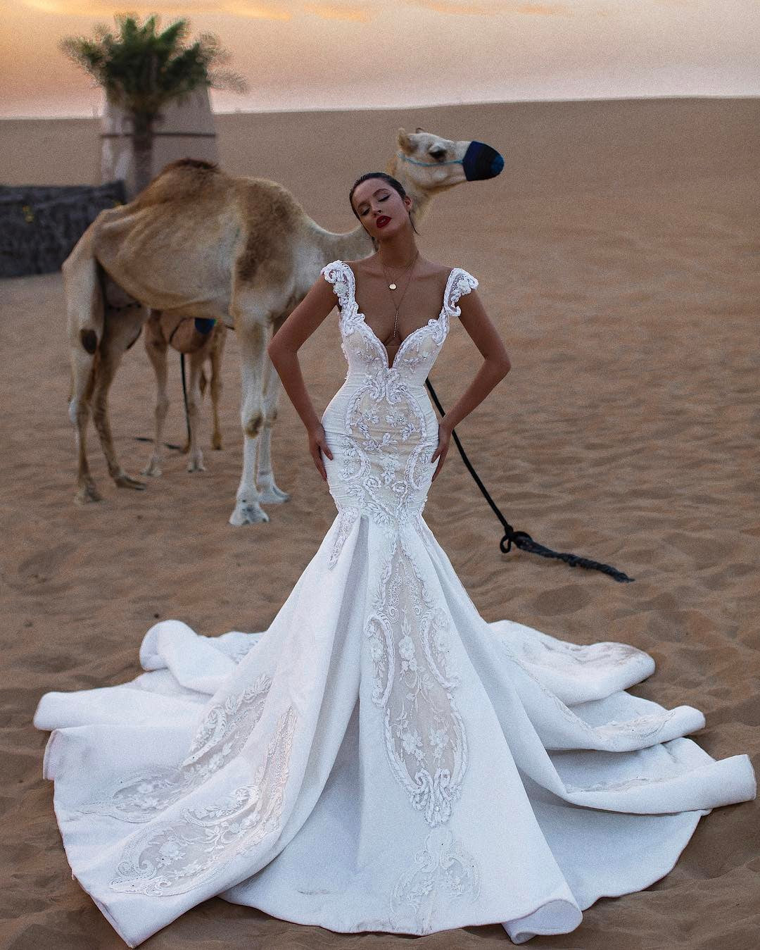 Cap Sleeves Mermaid Lace Wedding Dress V-Neck Long (ZD17535)