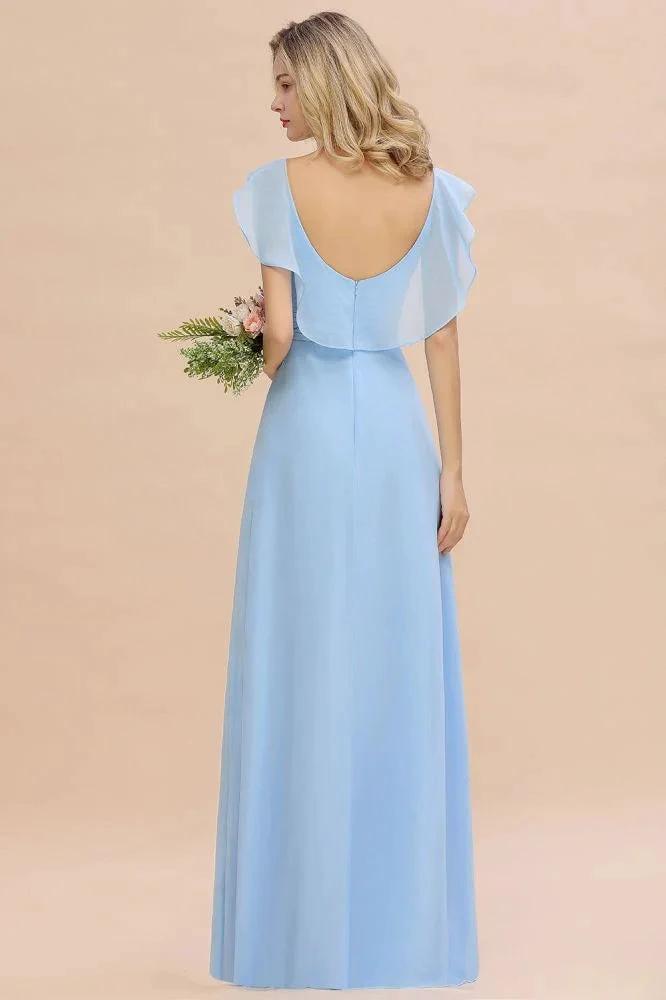 Cap Sleeves Ruffle Chiffon Hi-Lo Bridesmaid Dress A-line Wedding Party Dress (ZD13152)