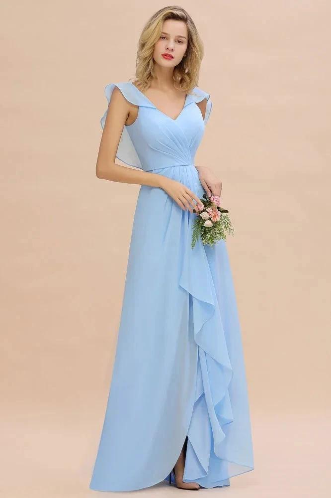 Cap Sleeves Ruffle Chiffon Hi-Lo Bridesmaid Dress A-line Wedding Party Dress (ZD13152)