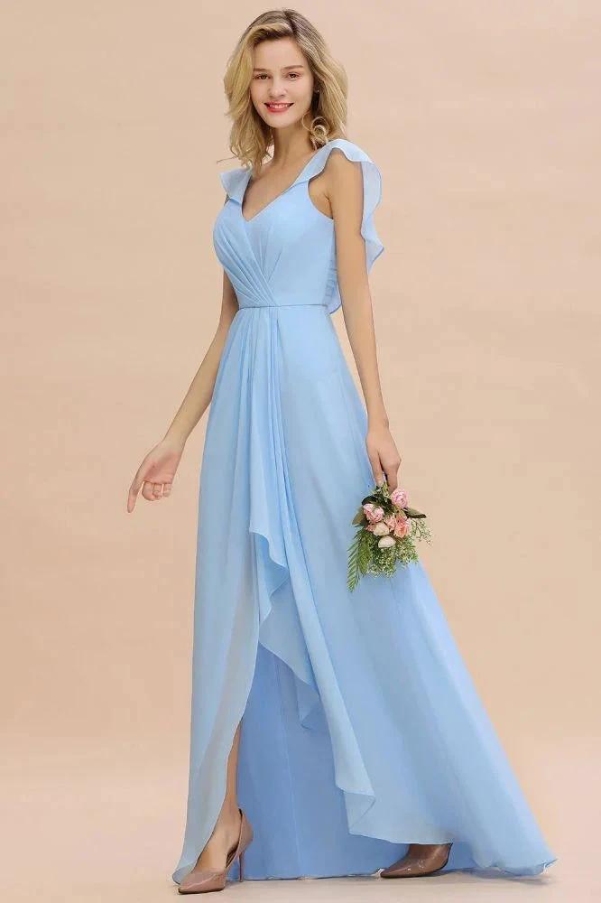 Cap Sleeves Ruffle Chiffon Hi-Lo Bridesmaid Dress A-line Wedding Party Dress (ZD13152)