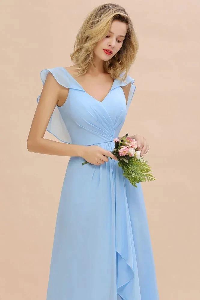 Cap Sleeves Ruffle Chiffon Hi-Lo Bridesmaid Dress A-line Wedding Party Dress (ZD13152)
