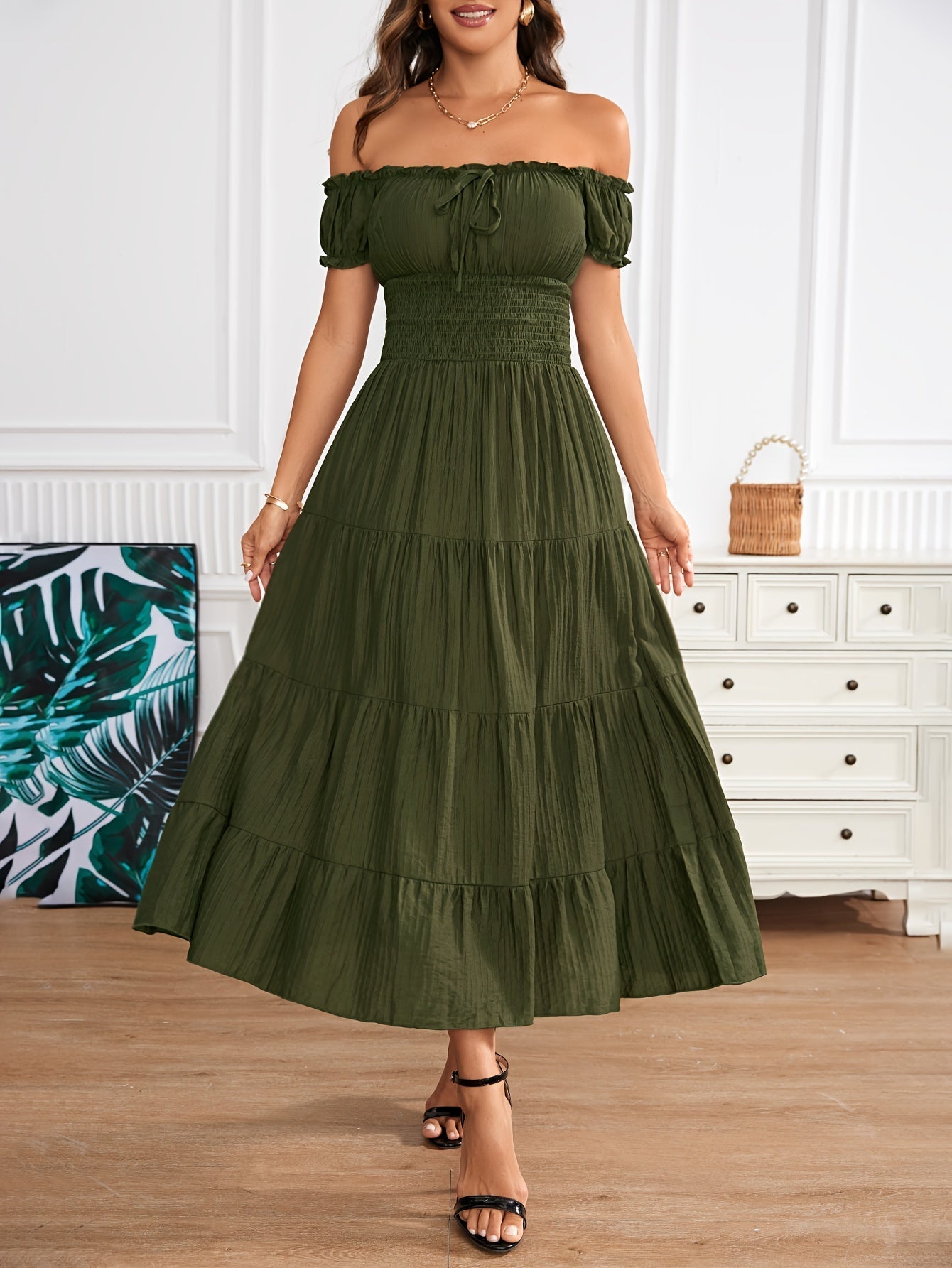 Amparo Elegant A-line Maxi Dress with Off-shoulder and Smocking