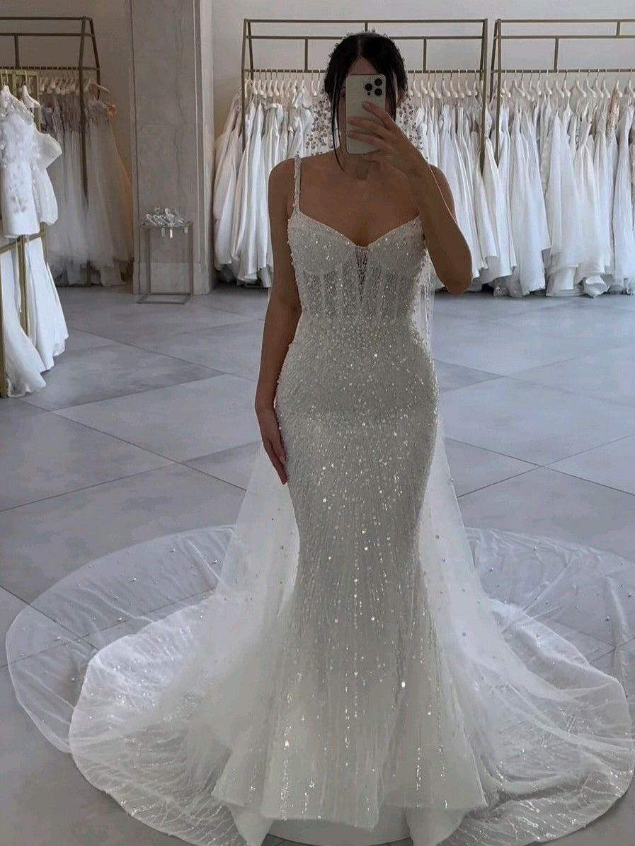 Spaghetti Strap Sweetheart Fully Beaded Mermaid Wedding Dress With Tulle Train