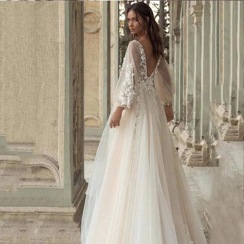 Charming Long Puffy Sleeves Wedding Dresses A-Line V Neck Appliques Open Back Sweep Train Bridal Gown Custom Made (ZD13392)