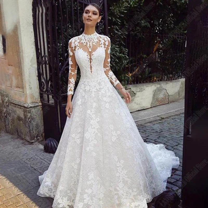 Wedding Dresses For Bride Long Sleeves Luxury Lace Backless High Neck Bridal Gown Appliques Vestidos De Boda (ZD13445)