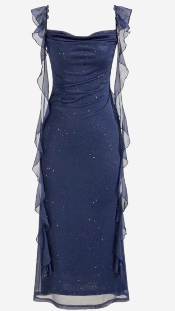 Shiny Navy Blue Chiffon Ruffles Long Prom Dress Elegant Evening Dress - VelvetHem