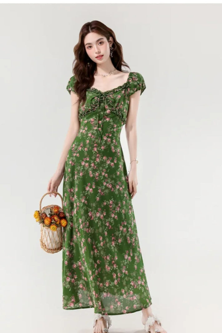 Retro Slim Green V-Neck Floral Dress - View 6 | VelvetHem