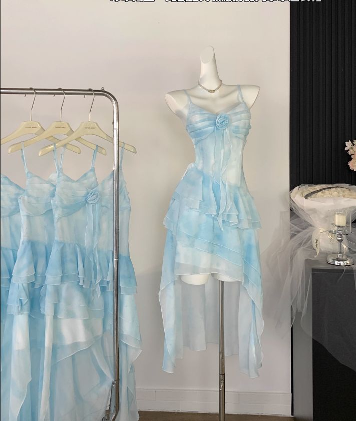Beautiful High Low Spaghetti Straps Ice Blue Ombre Chiffon Prom Dress Party Dress - View 2 | VelvetHem