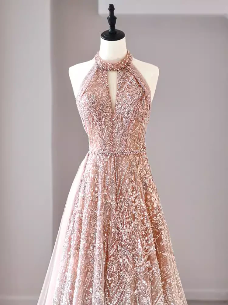 A Line High Neckline Sequin Long Evening Dress Beads Prom Dress