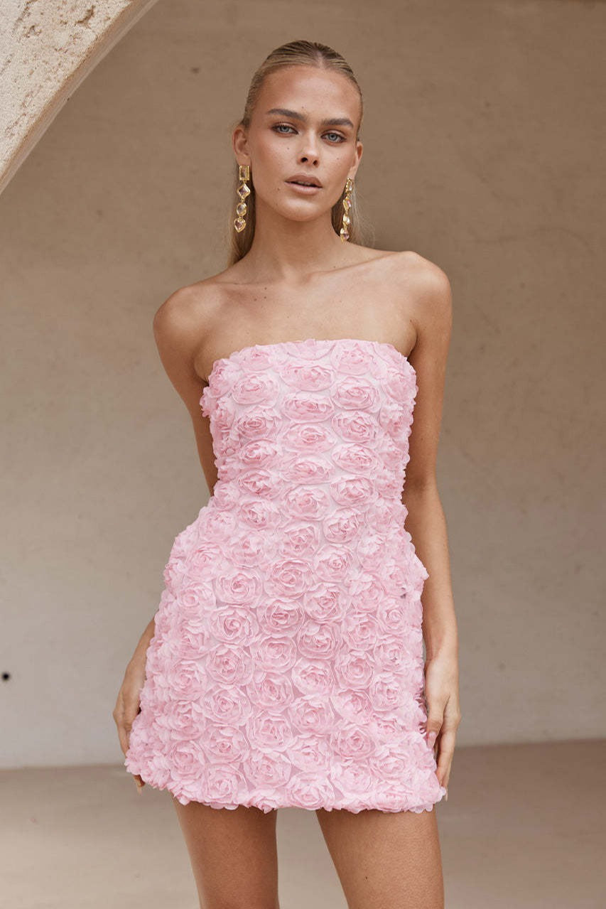 Strapless 3D Floral Bodycon Slim Floral Dress