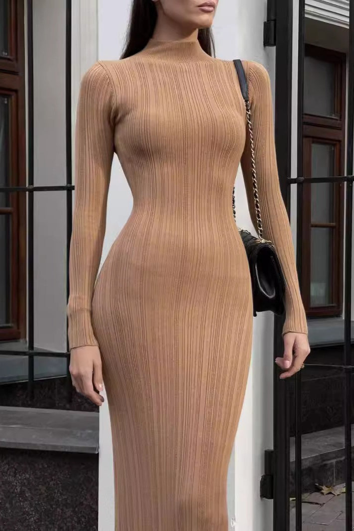 Turtleneck Striped Knit Slim-Fit Long Sleeve Sweater Dress - VelvetHem