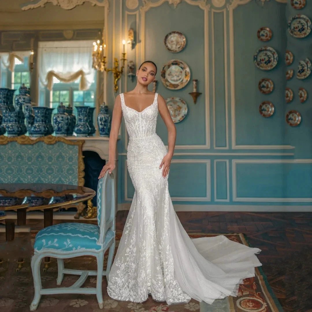 Exquisite Wedding Dress For Woman Square-Neck A-Line Lace Appliques Sequins Bride Gowns Tulle Sweep Train Vestido Custom (ZD13569) - VelvetHem