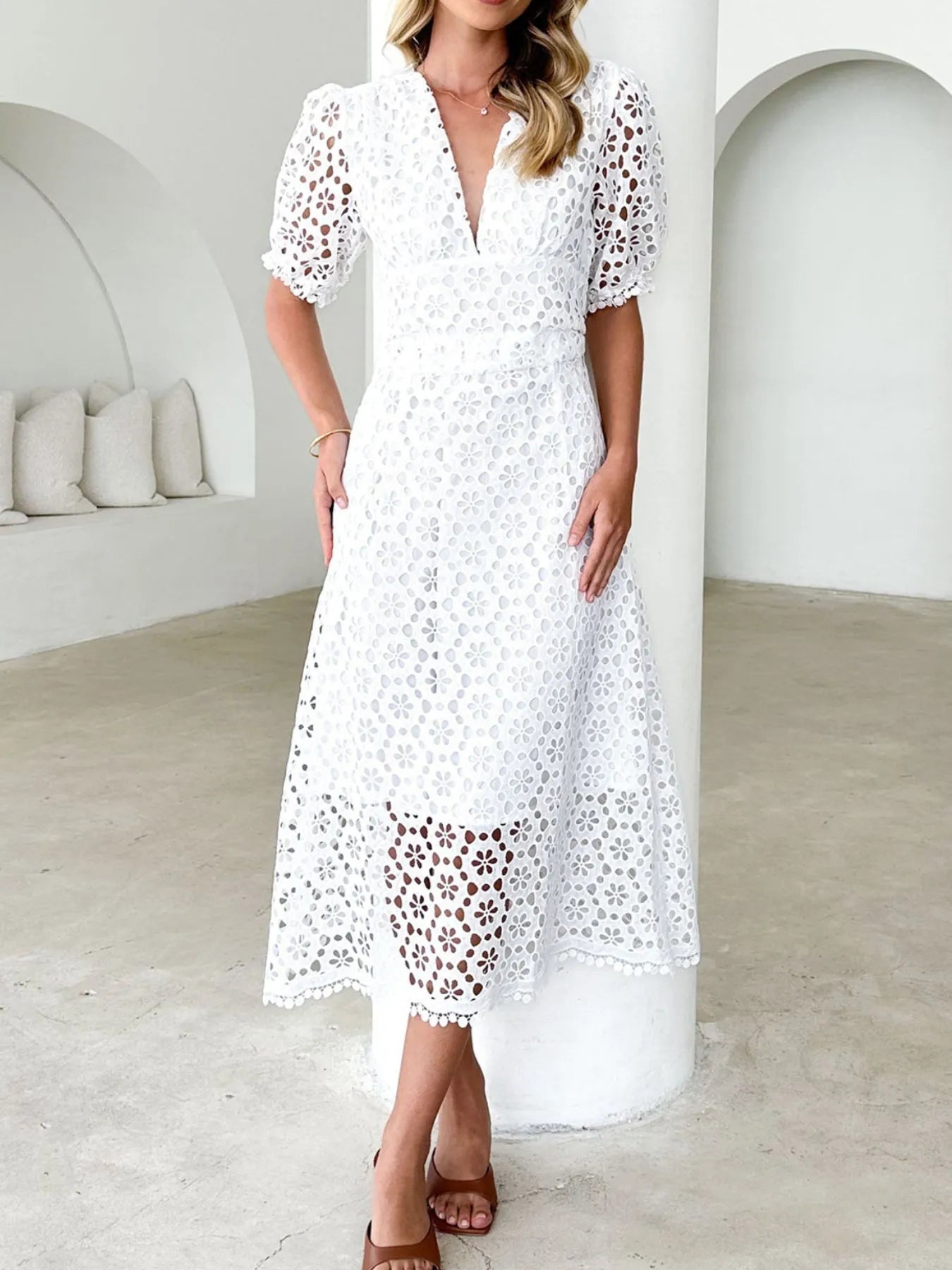 Serena Exclusive V Neck Lace Midi Dress with Puff Sleeves Chic Silhouette Collection