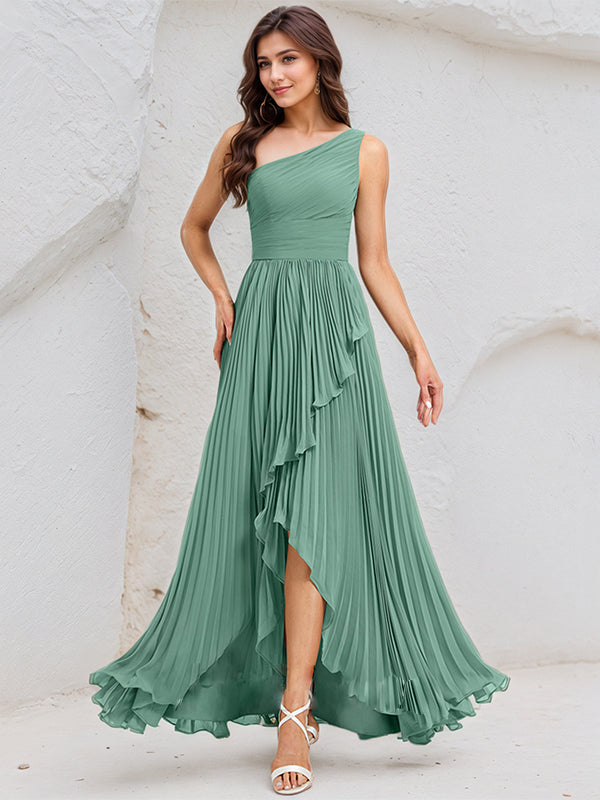 Mist Blue A Line Chiffon One Shoulder Sleeveless Asymmetrical Length Dress With Slit - VelvetHem
