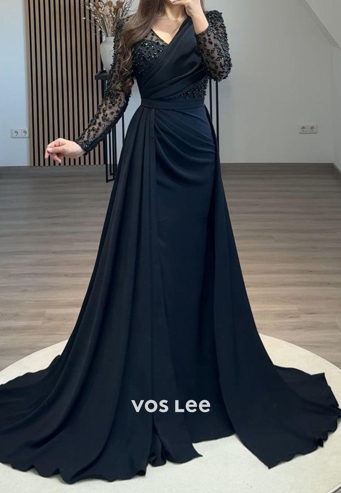 Formal Beaded V Neck Long Sleeves with Train Evening Dress Party Gown - View 3 | VelvetHem