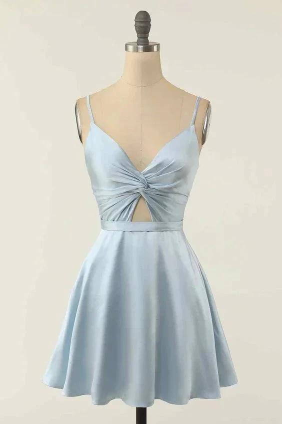 A-line V Neck Twist Knot Cut-Out Pleated Mini Homecoming Dress (ZD12352) - VelvetHem