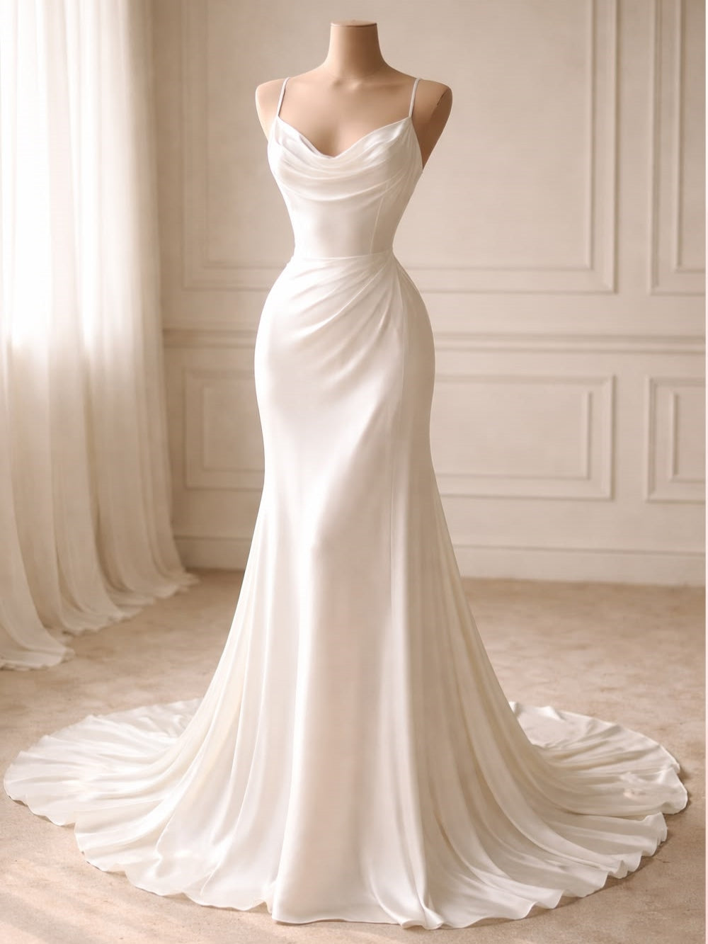 Thin Spaghetti Strap Cowl Neck Satin Mermaid Wedding Dress - VelvetHem