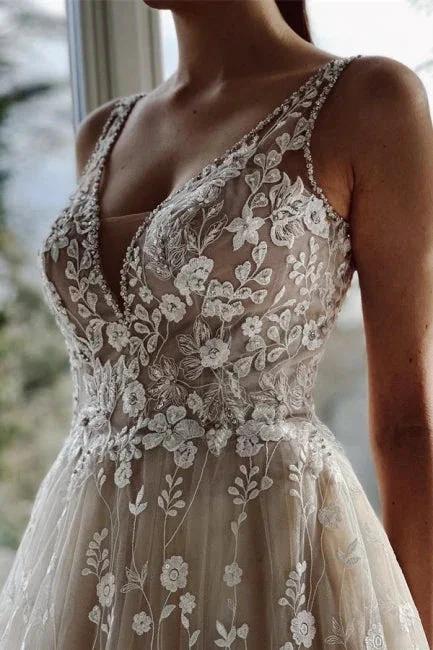 Champagne A-line Floor Length Straps V-neck Wedding Dress (ZD14940)